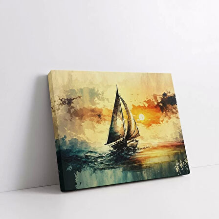 Gün Batımında Yelkenli Yatay Kanvas Tablo