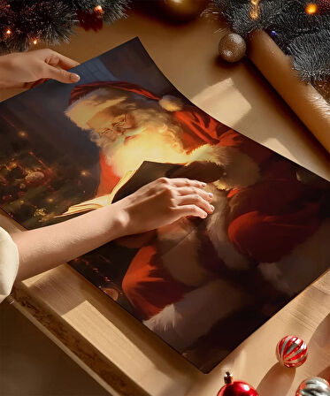 Çerçevesiz Poster Noel Baba ve Kitap