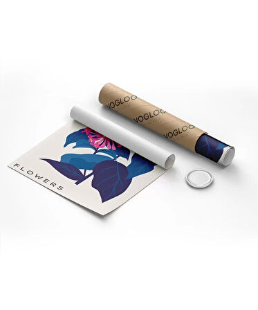 Çerçevesiz Poster Mavi Yaprak Pembe Çiçek