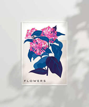 Çerçevesiz Poster Mavi Yaprak Pembe Çiçek