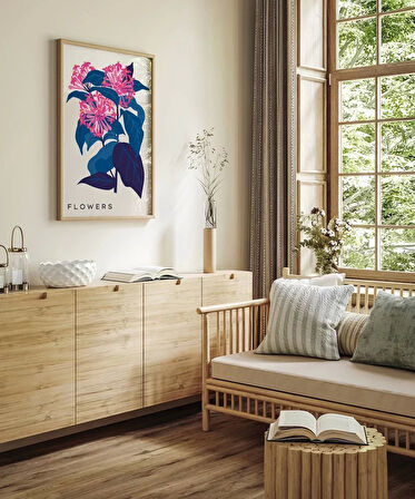 Çerçevesiz Poster Mavi Yaprak Pembe Çiçek