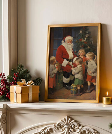 Çerçevesiz Poster Mutlu Çocuklar ve Noel Baba