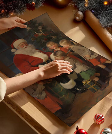 Çerçevesiz Poster Mutlu Çocuklar ve Noel Baba