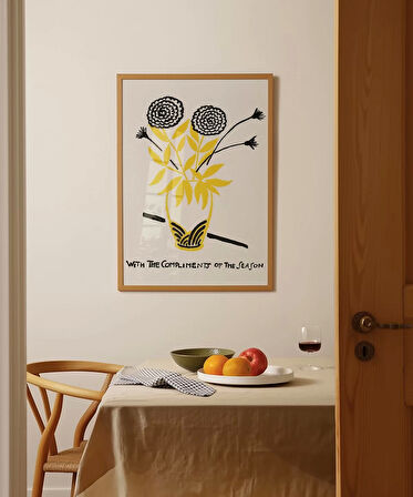 Çerçevesiz Poster El Çizimi Vazo ve Çiçek Motifli Grafik