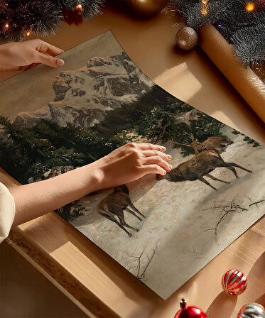 Çerçevesiz Poster Karla Kaplı Dağ Geyikleri