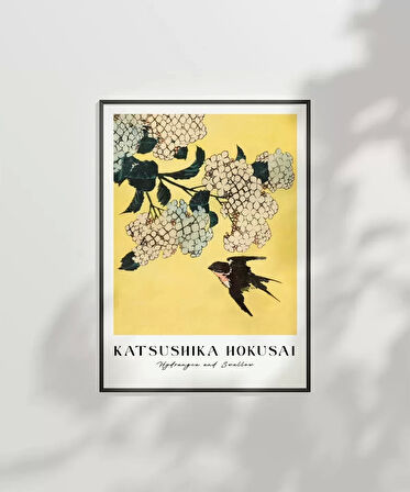 Çerçevesiz Poster Hokusai Ortanca ve Kırlangıç