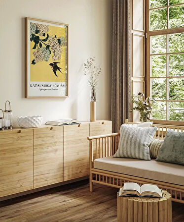 Çerçevesiz Poster Hokusai Ortanca ve Kırlangıç