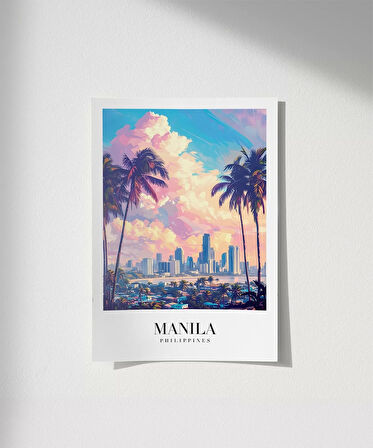 Çerçevesiz Poster Palmiyeler Arasında Şehir Işıkları