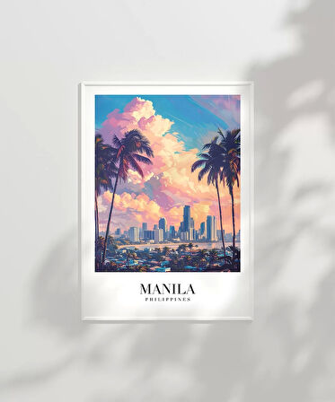 Çerçevesiz Poster Palmiyeler Arasında Şehir Işıkları