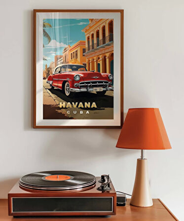 Çerçevesiz Poster Havana Sokaklarında Klasik Bir Araba
