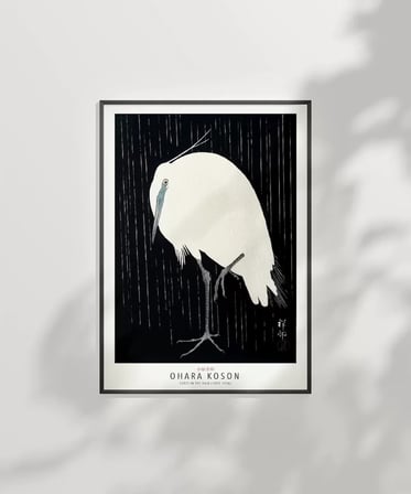 Çerçevesiz Poster Ohara Koson Yağmurda Ak Balıkçıl