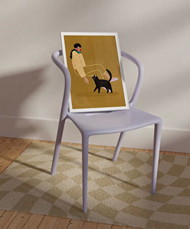 Çerçevesiz Poster Kedi ve Kadın İllüstrasyon