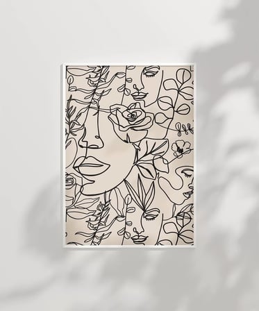 Çerçevesiz Poster Floral Line Art Yüz İllüstrasyonu