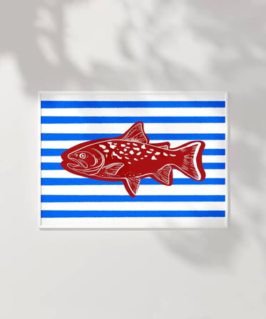Çerçevesiz Poster Kırmızı Balık Mavi Çizgiler
