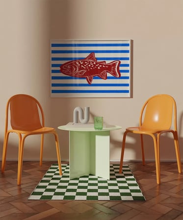 Çerçevesiz Poster Kırmızı Balık Mavi Çizgiler