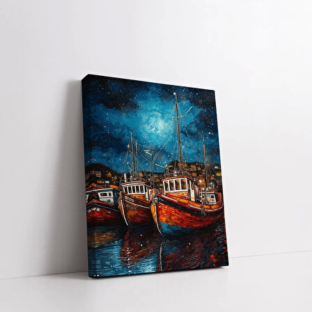 Gece Tekne Dikey Kanvas Tablo