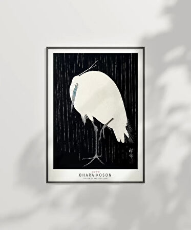 Çerçevesiz Poster Ohara Koson Yağmurda Ak Balıkçıl
