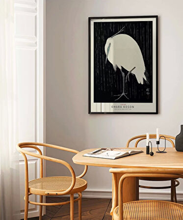 Çerçevesiz Poster Ohara Koson Yağmurda Ak Balıkçıl