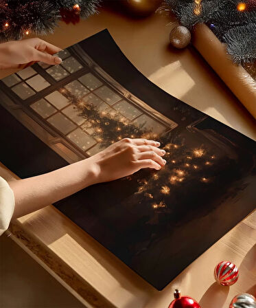 Çerçevesiz Poster Pencereden Yansıyan Noel Işıkları
