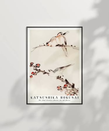 Çerçevesiz Poster Hokusai Dallara Tünemiş Üç Kuş