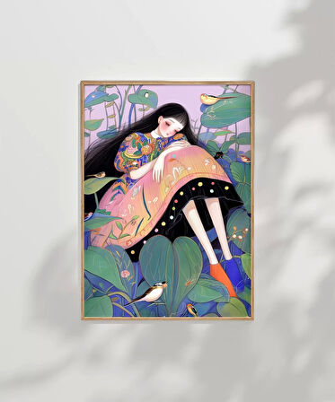 Çerçevesiz Poster Bitkiler ve Kuşlarla Süslenmiş