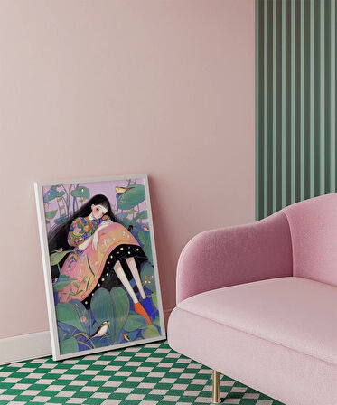 Çerçevesiz Poster Bitkiler ve Kuşlarla Süslenmiş