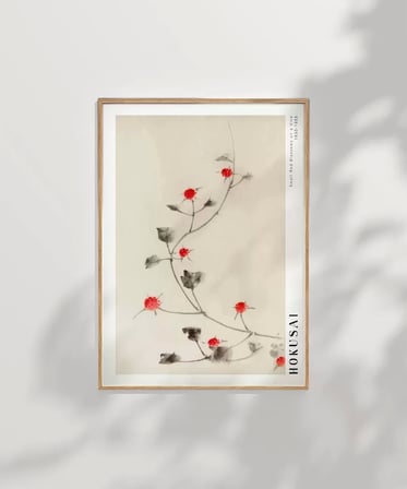 Çerçevesiz Poster Hokusai Asma Üzerinde Küçük Kırmızı Çiçekler