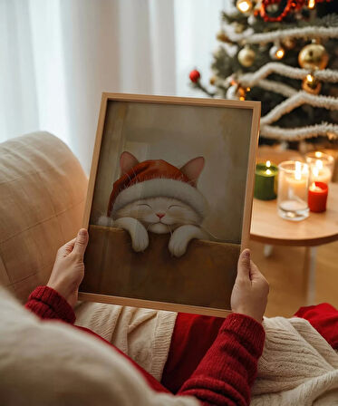 Çerçevesiz Poster Noel Şapkasıyla Mutlu Kedi