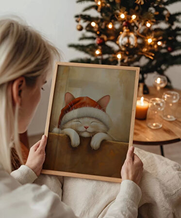 Çerçevesiz Poster Noel Şapkasıyla Mutlu Kedi