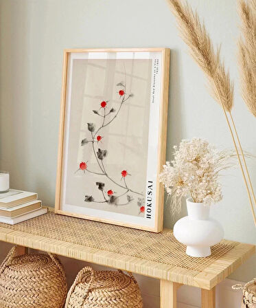 Çerçevesiz Poster Hokusai Asma Üzerinde Küçük Kırmızı Çiçekler