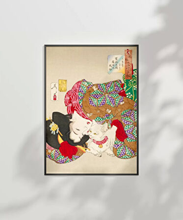 Çerçevesiz Poster Kedi ve Geisha