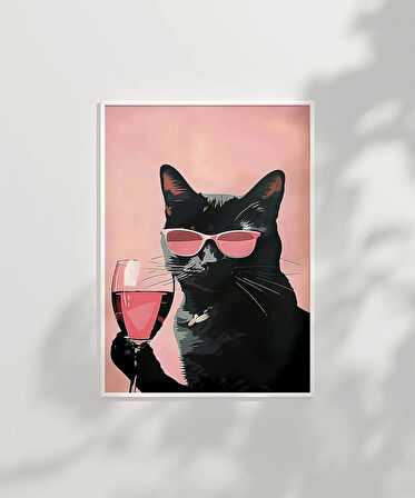 Çerçevesiz Poster Pembe Kadeh Siyah Kedi