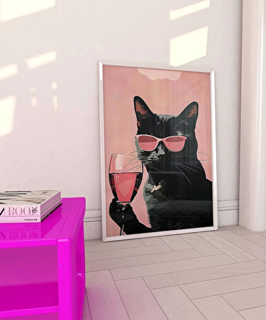 Çerçevesiz Poster Pembe Kadeh Siyah Kedi