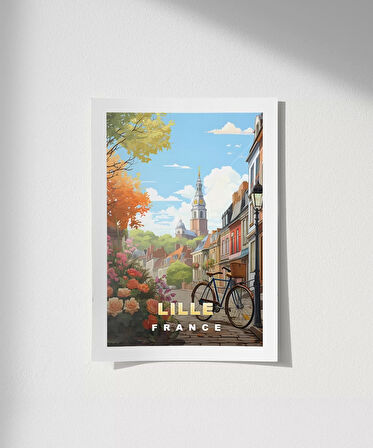 Çerçevesiz Poster Lille Sokakları ve Bisiklet Manzarası
