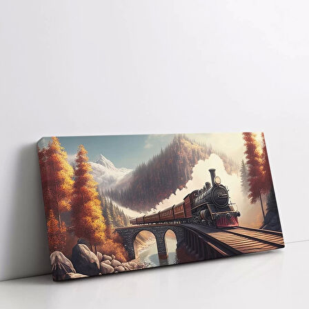 Sonbahar Treni Köprü Panoramik Yatay Kanvas Tablo