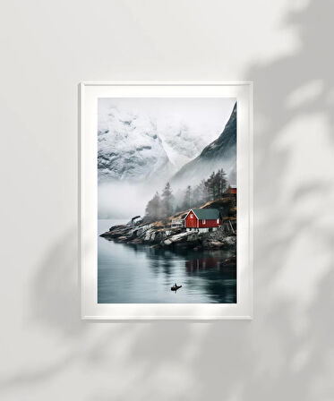 Çerçevesiz Poster Kırmızı Ev ve Sisli Dağlar