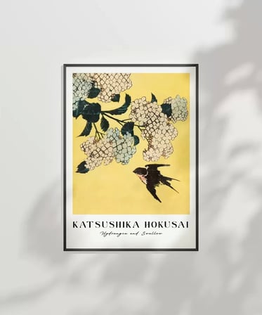Çerçevesiz Poster Hokusai Ortanca ve Kırlangıç