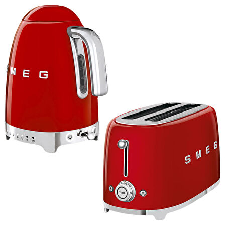 Smeg Kırmızı Isı Ayarlı Kettle ve 2x4 Ekmek Kızartma Makinesi Seti