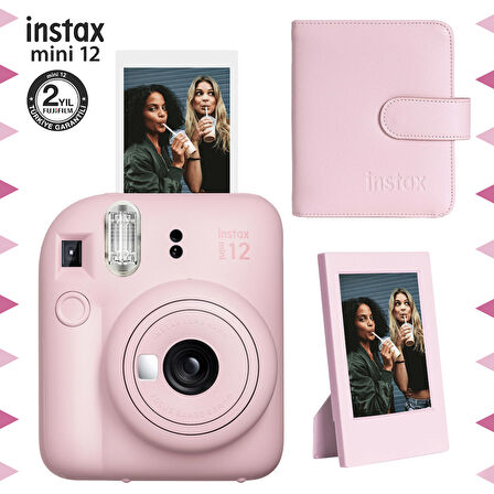 Instax mini 12 Pembe Fotoğraf Makinesi-Çerçeve ve 64'lü Kare Albüm Seti