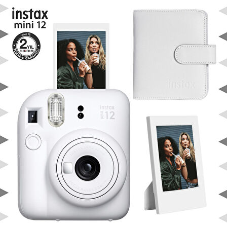 Instax mini 12 Beyaz Fotoğraf Makinesi-Çerçeve ve 64'lü Kare Albüm Seti