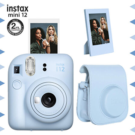 Instax mini 12 Mavi Fotoğraf Makinesi-Çerçeve ve Deri Kılıf Seti