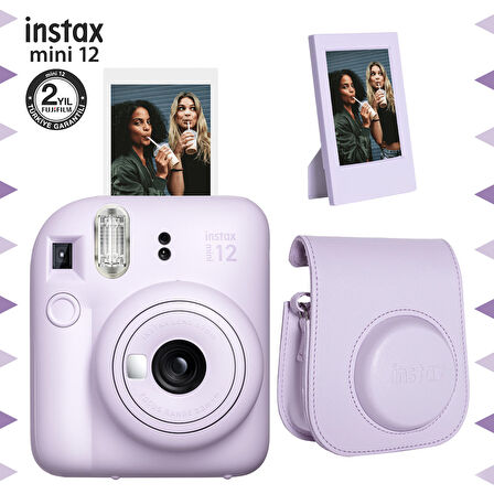 Instax mini 12 Lila Fotoğraf Makinesi-Çerçeve ve Deri Kılıf Seti