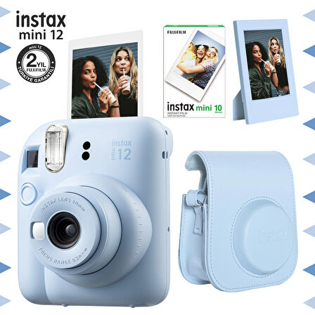 Instax mini 12 Mavi Fotoğraf Makinesi-10'lu Film-Çerçeve ve Deri Kılıf Seti