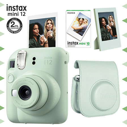 Instax mini 12 Yeşil Fotoğraf Makinesi-10'lu Film-Çerçeve ve Deri Kılıf Seti