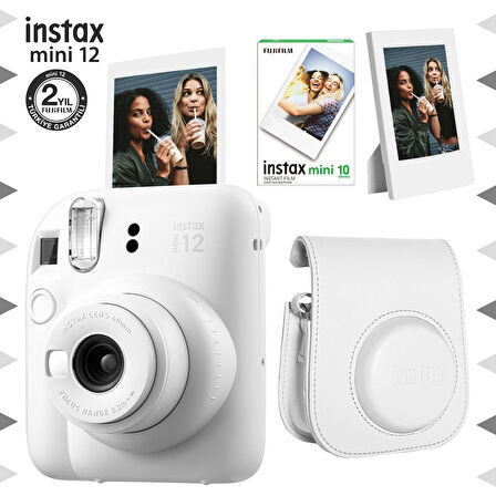 Instax mini 12 Beyaz Fotoğraf Makinesi-10'lu Film-Çerçeve ve Deri Kılıf Seti