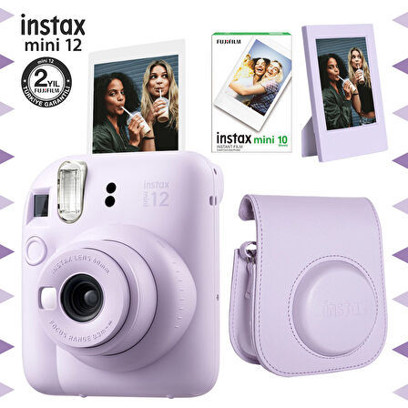 Instax mini 12 Lila Fotoğraf Makinesi-10'lu Film-Çerçeve ve Deri Kılıf Seti