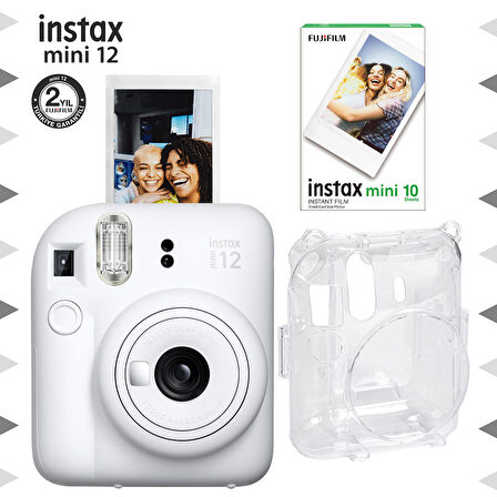 Instax mini 12 Beyaz Fotoğraf Makinesi-10'lu Film ve Şeffaf Kılıf Seti-FOTSI198-S3-10-SK