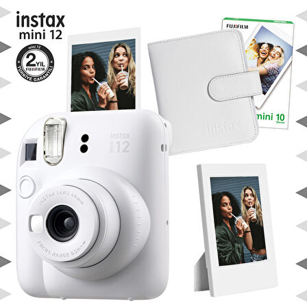 Instax mini 12 Beyaz Fotoğraf Makinesi-10'lu Film-Çerçeve ve Kare Albüm Seti-FOTSI198-S4-10-KA-C