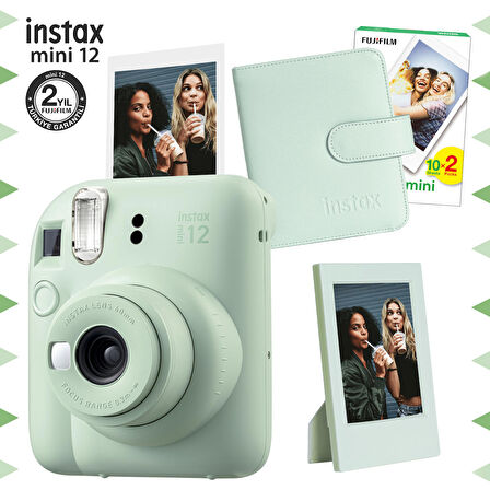 Instax mini 12 Yeşil Fotoğraf Makinesi-20'li Film-Çerçeve ve Kare Albüm Seti