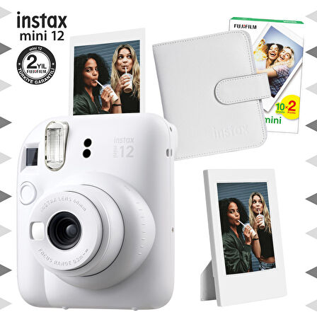 Instax mini 12 Beyaz Fotoğraf Makinesi-20'li Film-Çerçeve ve Kare Albüm Seti